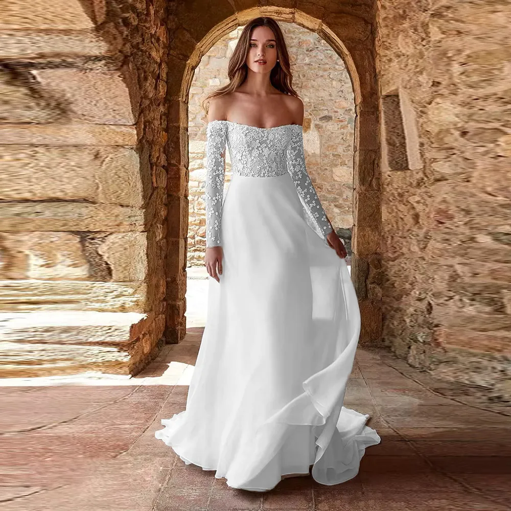 Princess Chiffon Beach Wedding Dress Off Shoulder Long Sleeve with Tulle Appliques