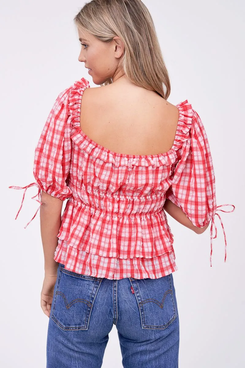 Puff Sleeve Red Plaid Top