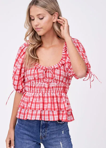 Puff Sleeve Red Plaid Top