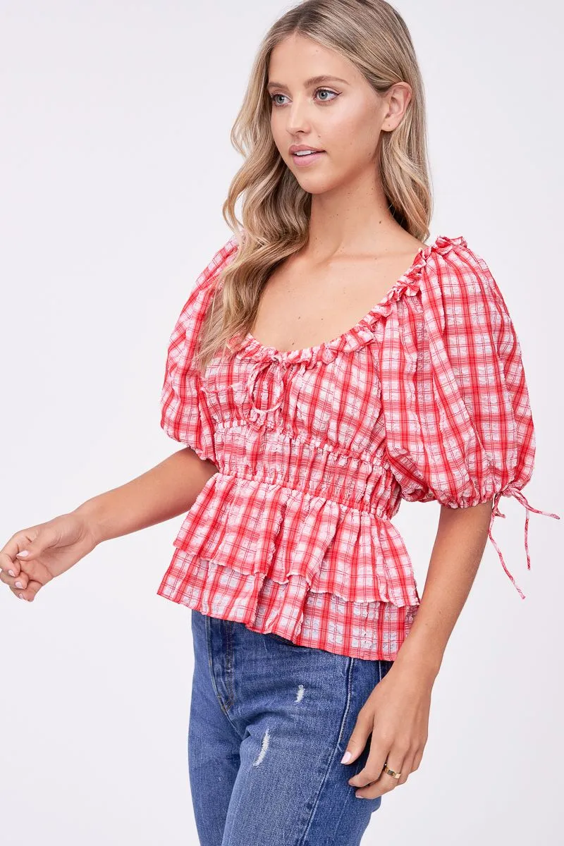 Puff Sleeve Red Plaid Top