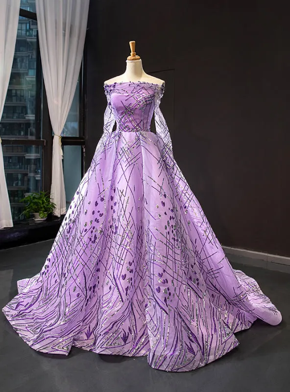 Purple Tulle Sequins Off the Shoulder Long Sleeve Prom Formal Dress