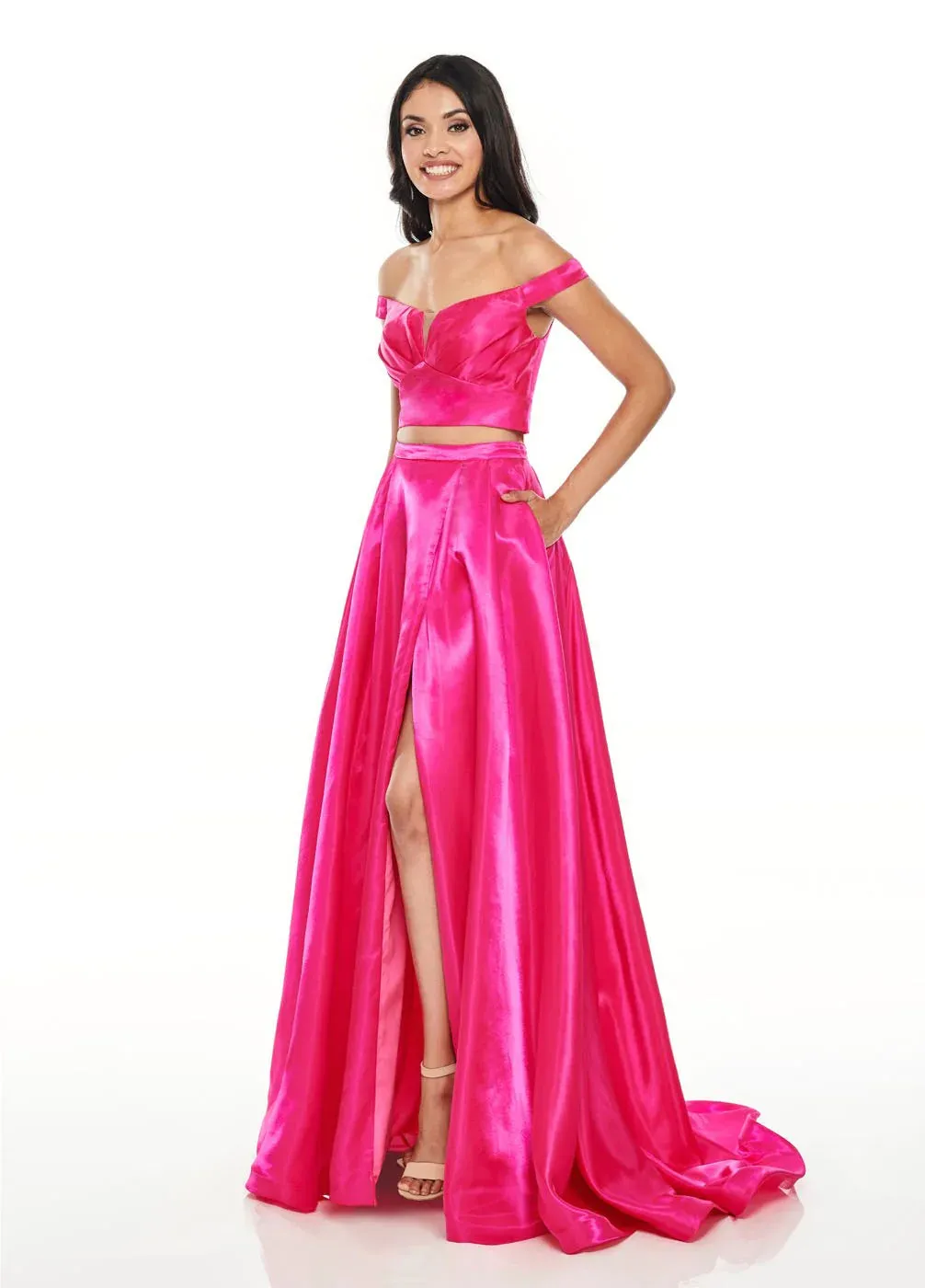 Rachel Allan 7185 Fuchsia 2 Piece Satin Dress with Slit