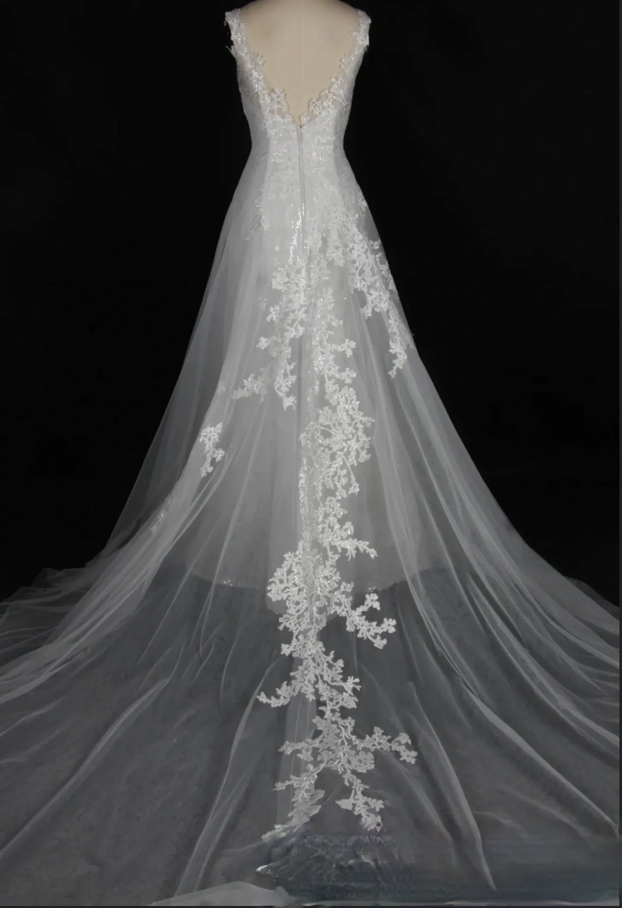 Shining V-Neck Wedding Dress With Long Tulle Train