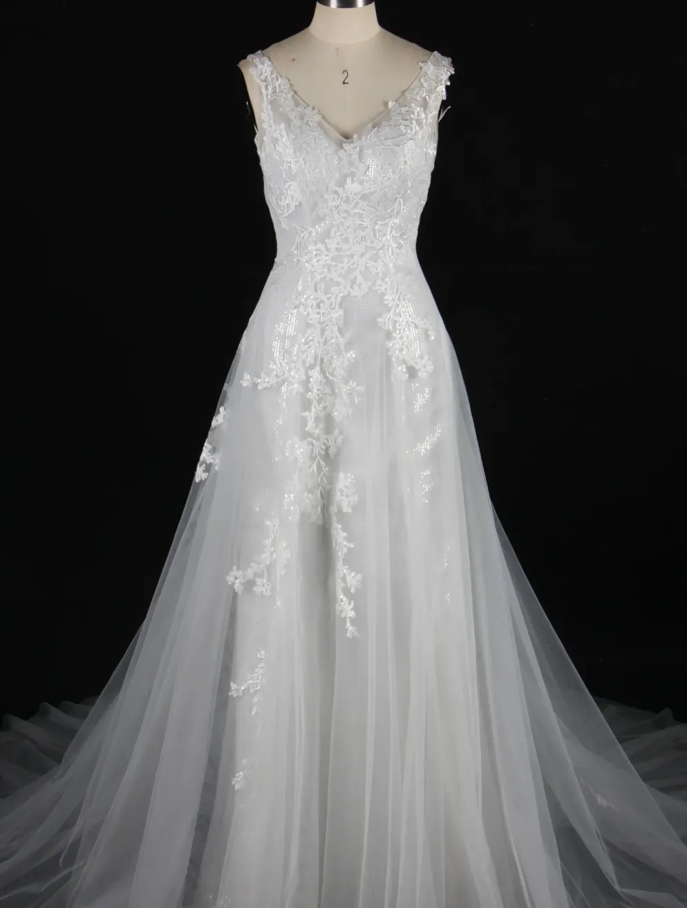 Shining V-Neck Wedding Dress With Long Tulle Train