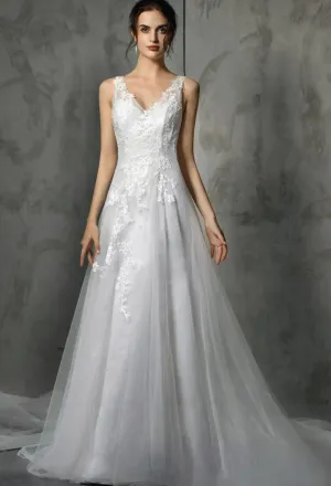 Shining V-Neck Wedding Dress With Long Tulle Train