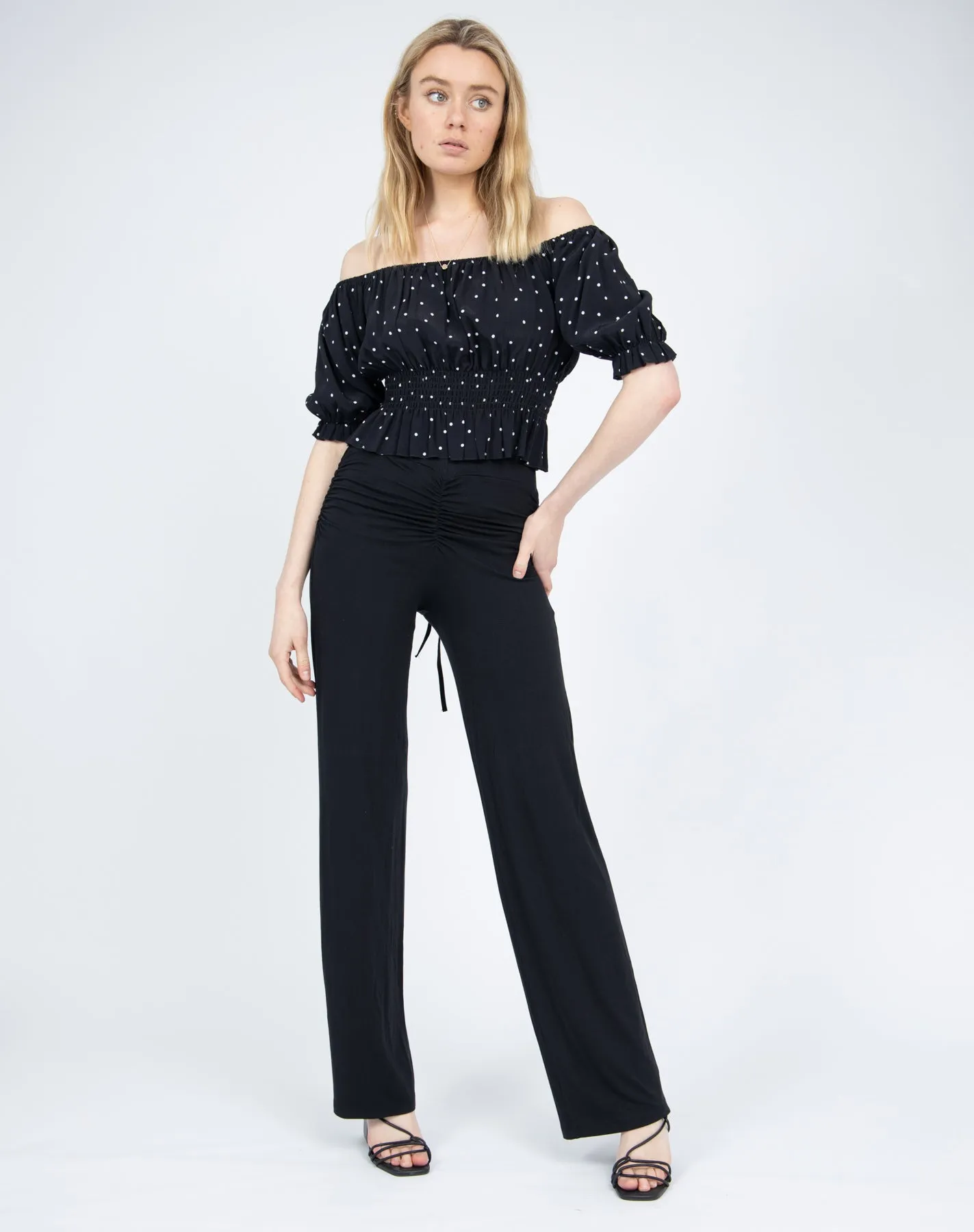 Short Sleeve Bardot Crop Top in Black Spot | Fatima