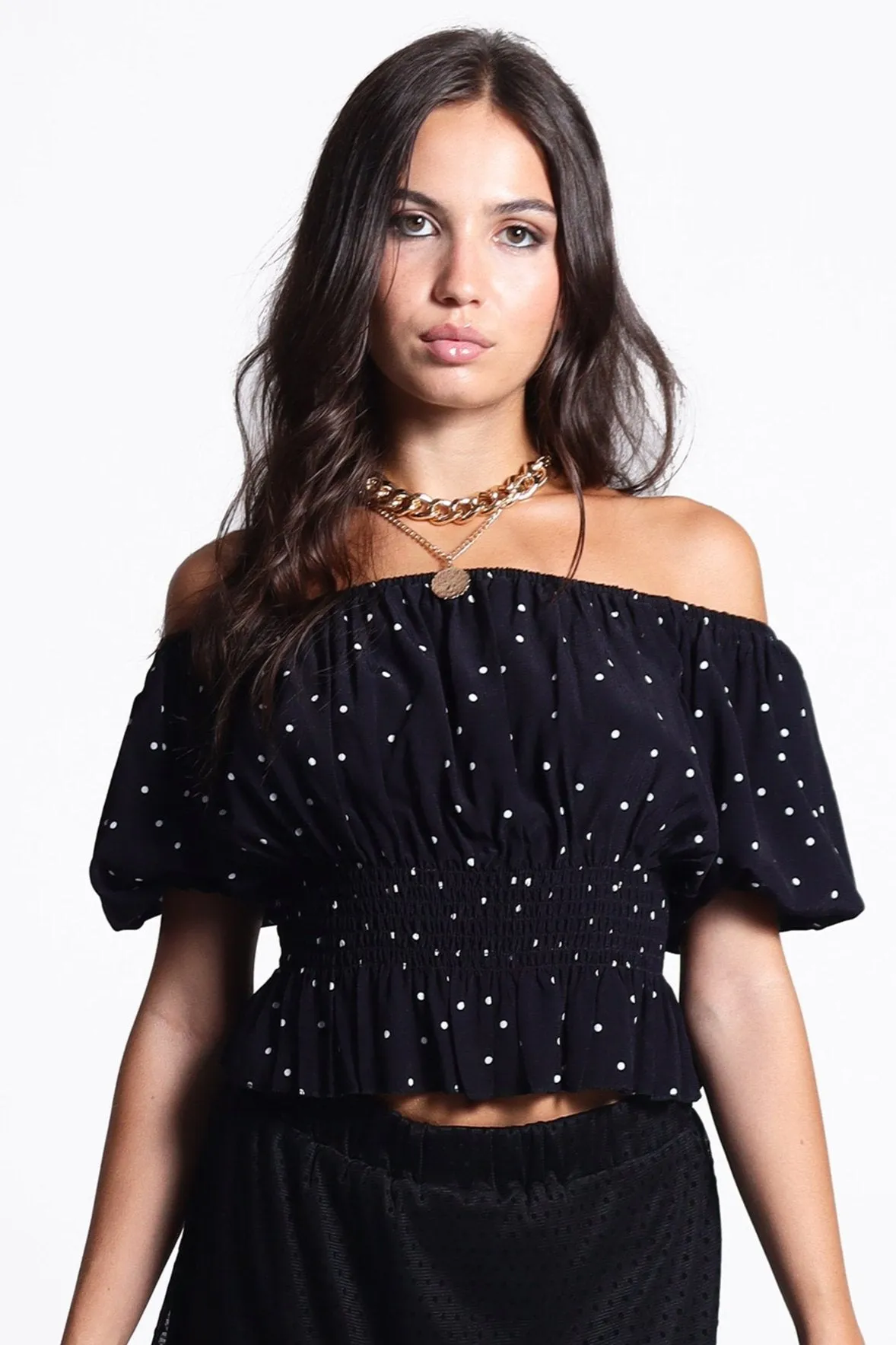 Short Sleeve Bardot Crop Top in Black Spot | Fatima