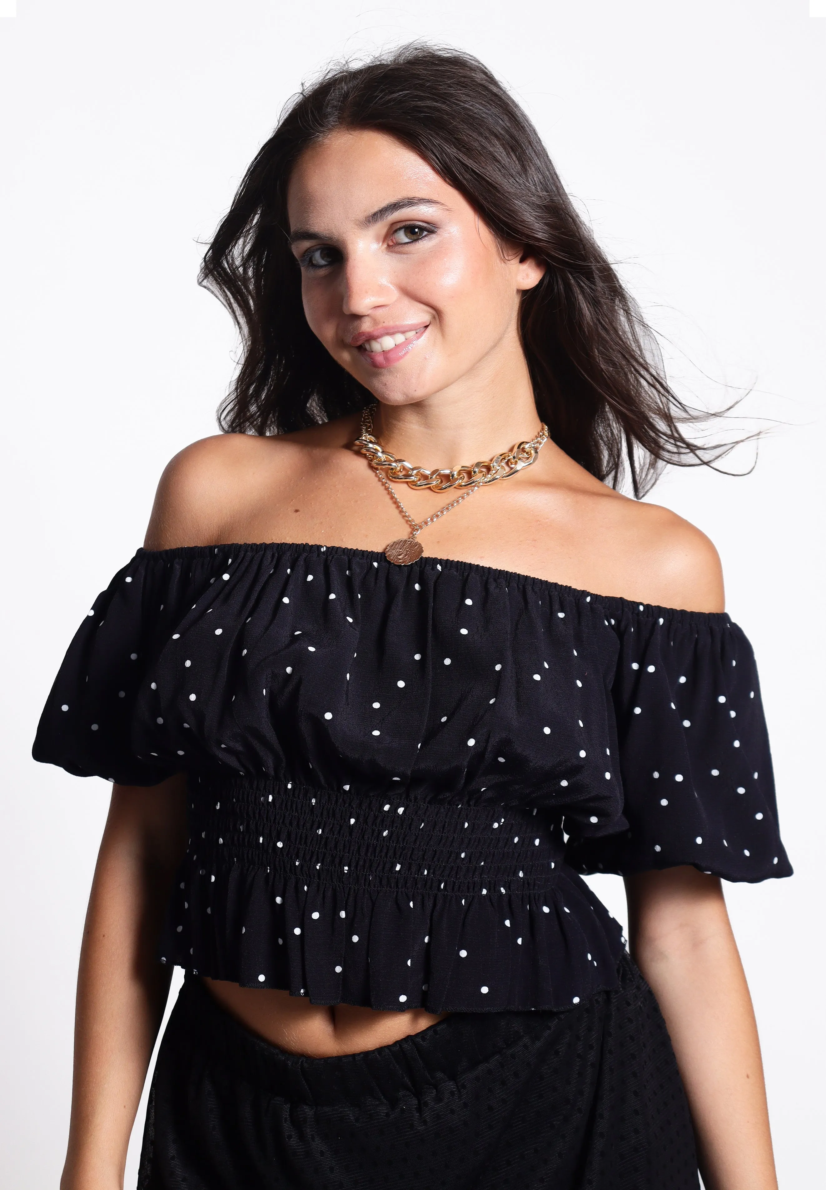 Short Sleeve Bardot Crop Top in Black Spot | Fatima