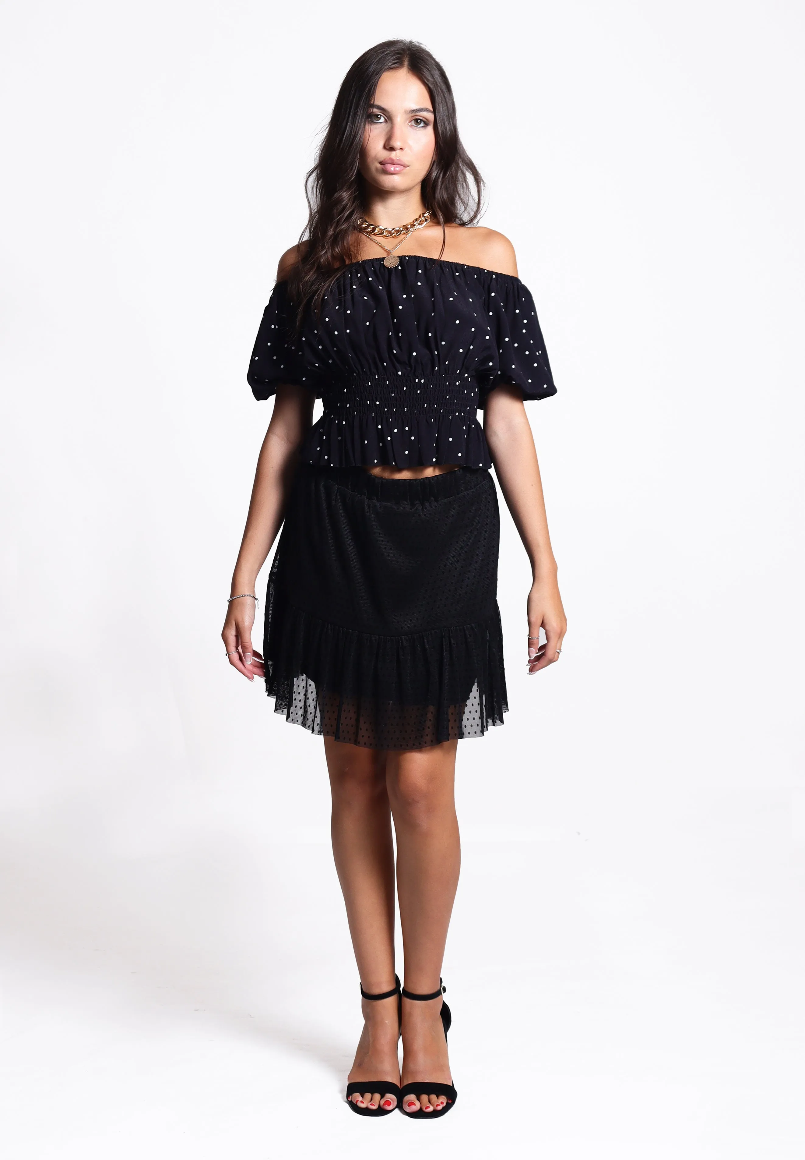 Short Sleeve Bardot Crop Top in Black Spot | Fatima