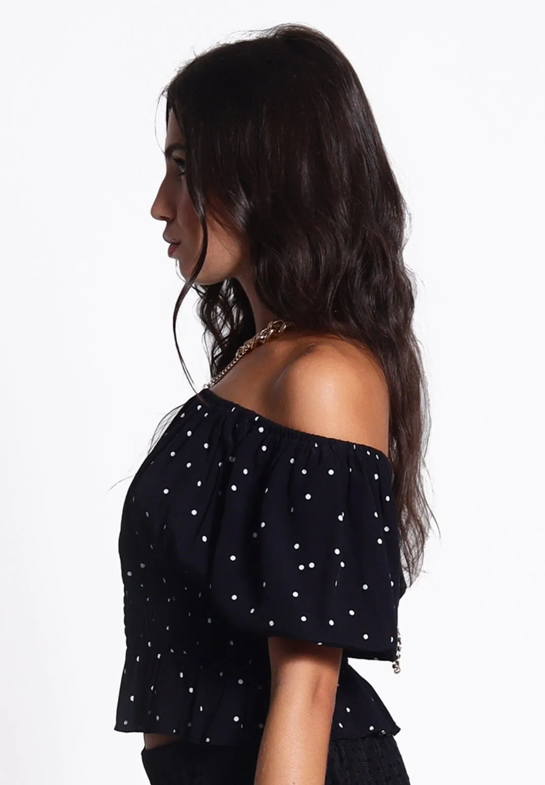 Short Sleeve Bardot Crop Top in Black Spot | Fatima