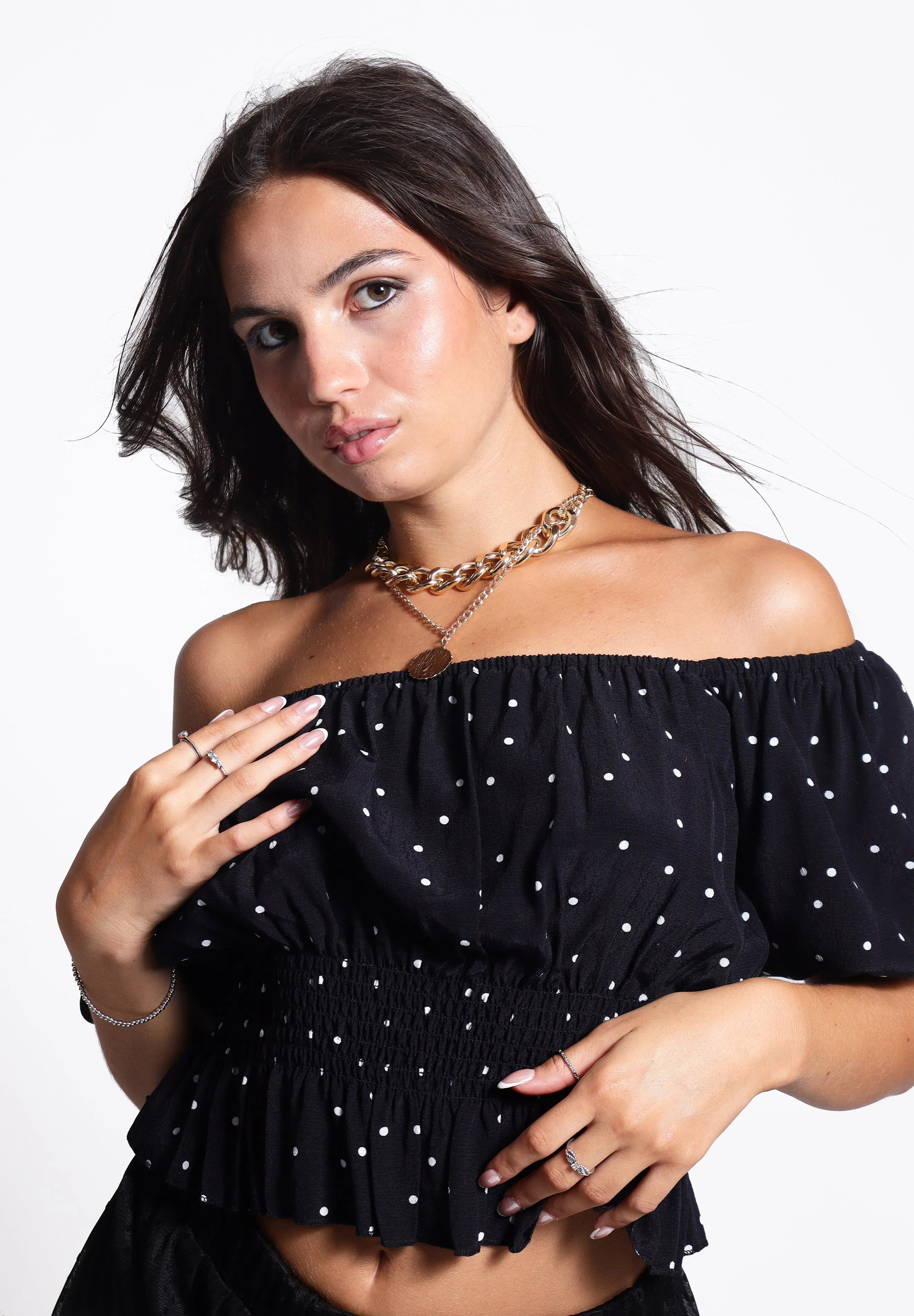 Short Sleeve Bardot Crop Top in Black Spot | Fatima