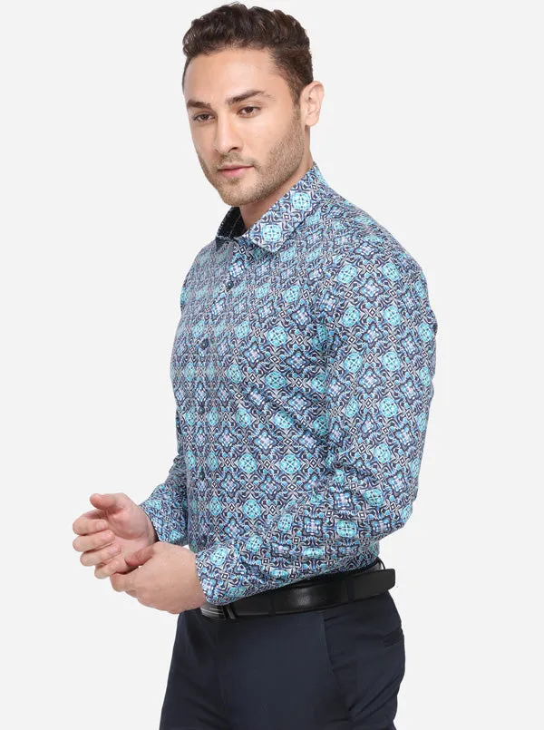 Sky Blue & Grey Printed Slim Fit Party Wear Shirt | Wyre