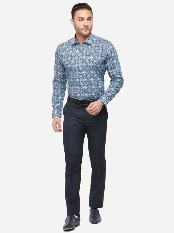 Sky Blue & Grey Printed Slim Fit Party Wear Shirt | Wyre