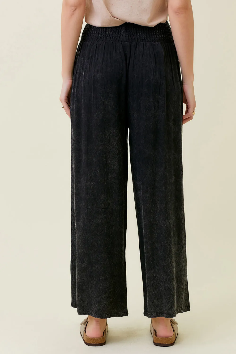 Smocked Yoke Waist Wide Leg Washed Pants