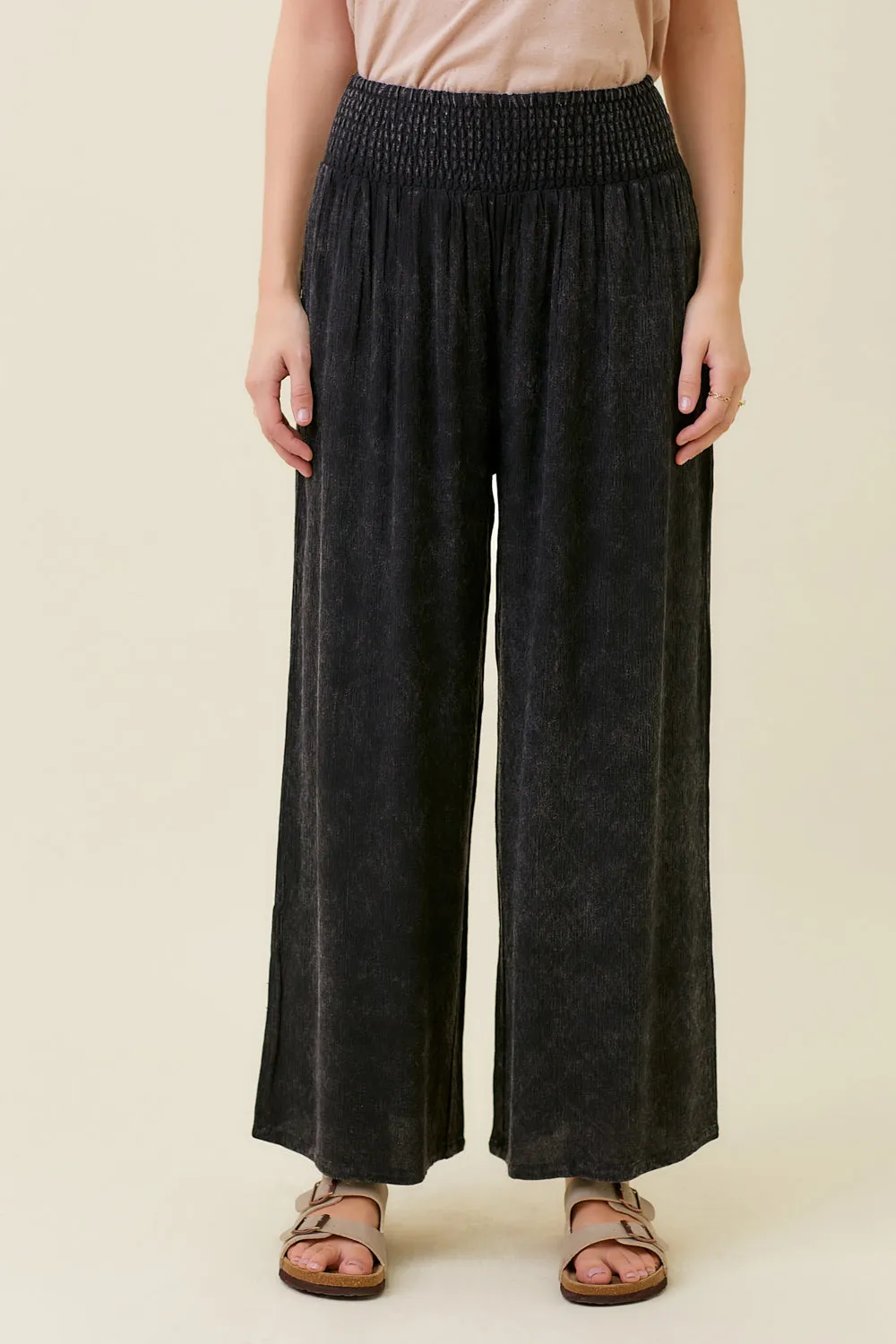 Smocked Yoke Waist Wide Leg Washed Pants