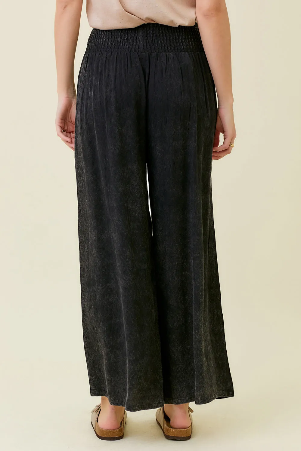 Smocked Yoke Waist Wide Leg Washed Pants