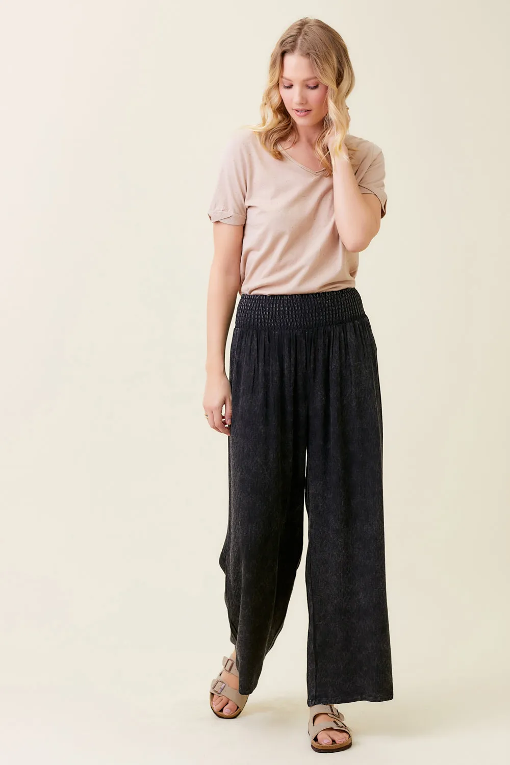 Smocked Yoke Waist Wide Leg Washed Pants