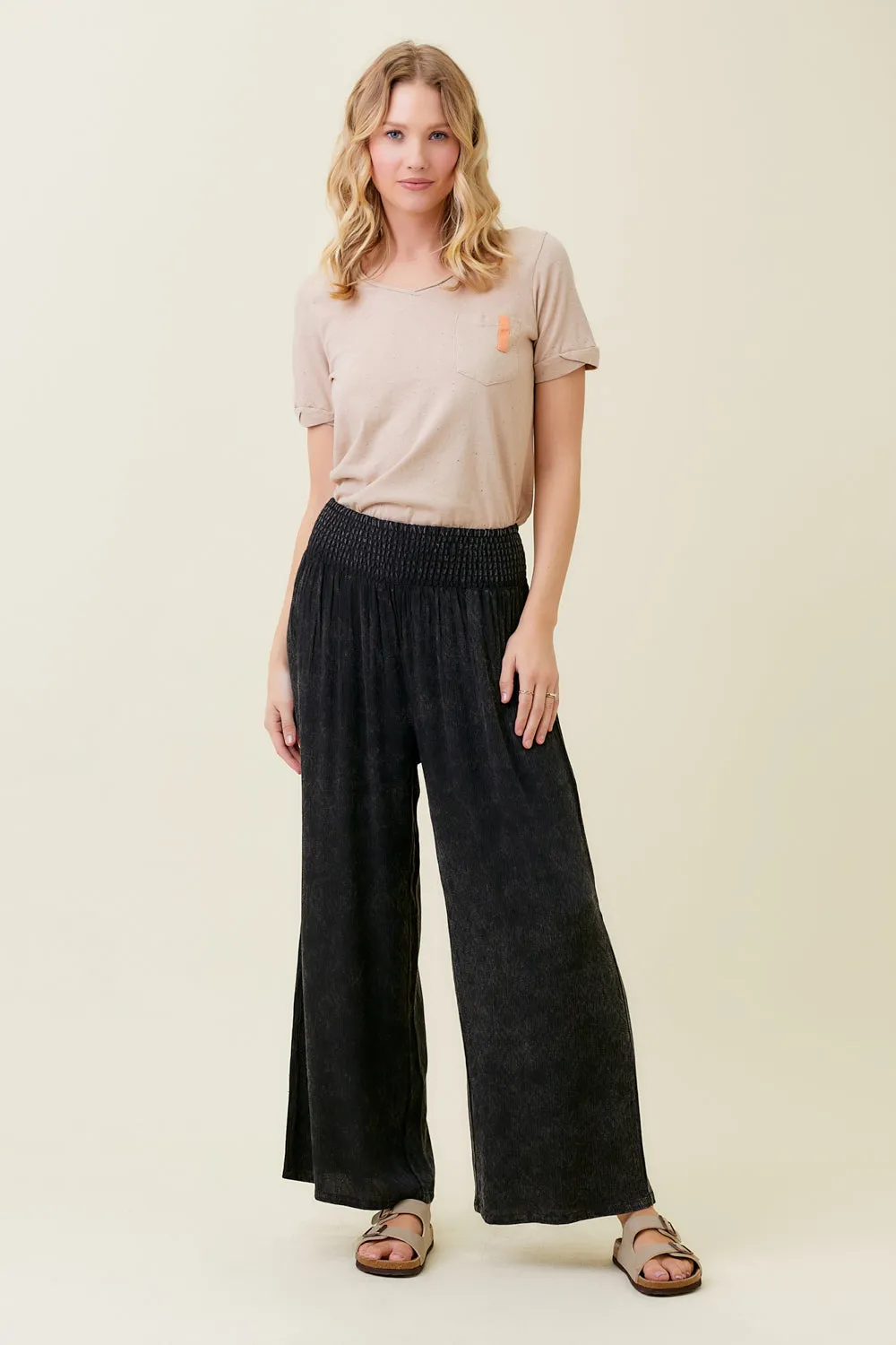 Smocked Yoke Waist Wide Leg Washed Pants