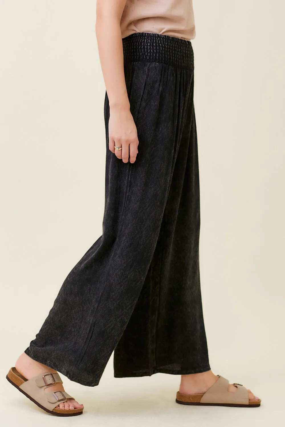 Smocked Yoke Waist Wide Leg Washed Pants