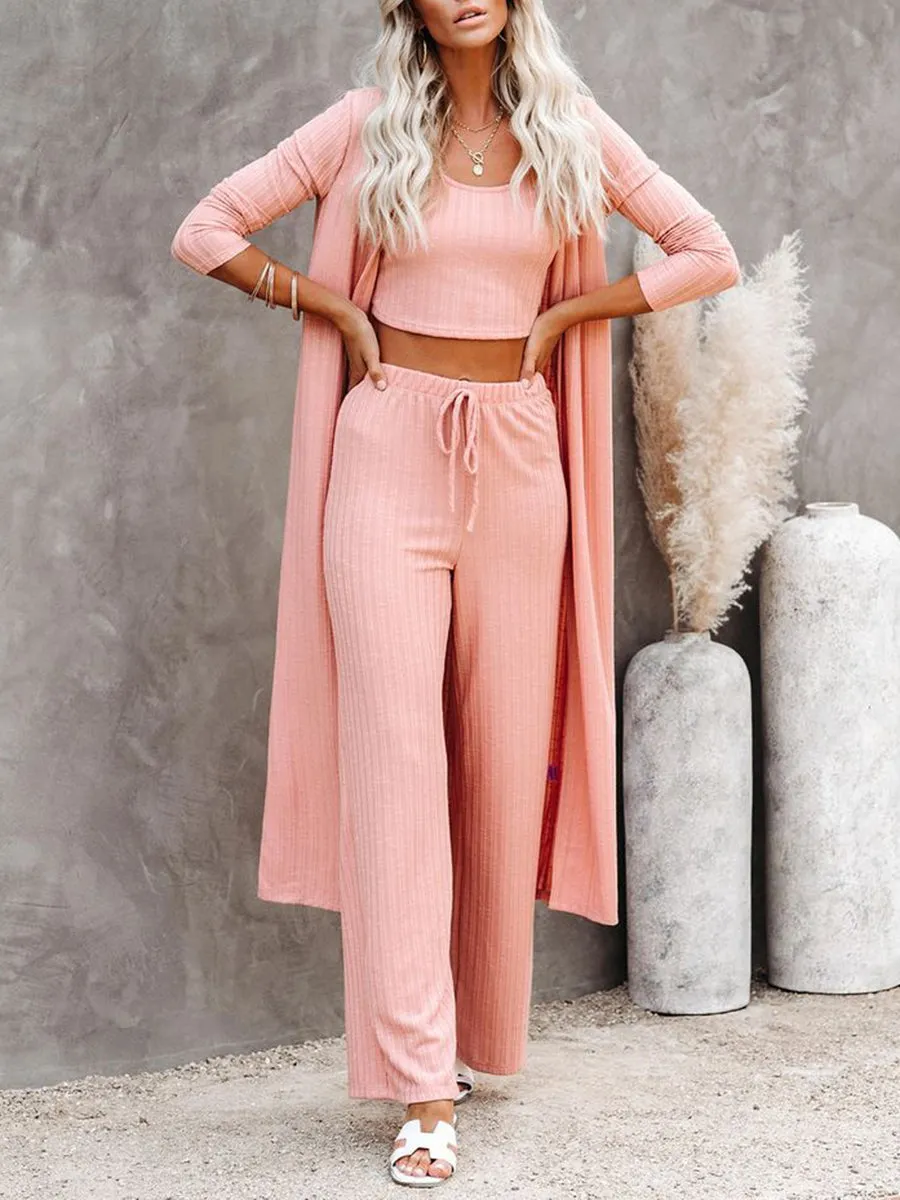 Solid Color Knitted Three-Piece Suit