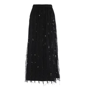 Solid Spliced Tassel Skirts For Women High Waist Patchwork Sequins Temperament Elegant Skirt Female Fashion Clothes