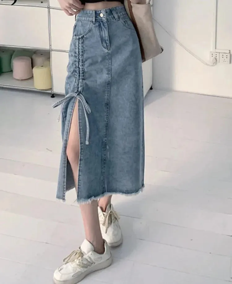 Spring Drawstring Denim Skirts Woman Sexy Side Split High Waist Pencil Skirts Female Korean Fashion Long Skirt Ladies