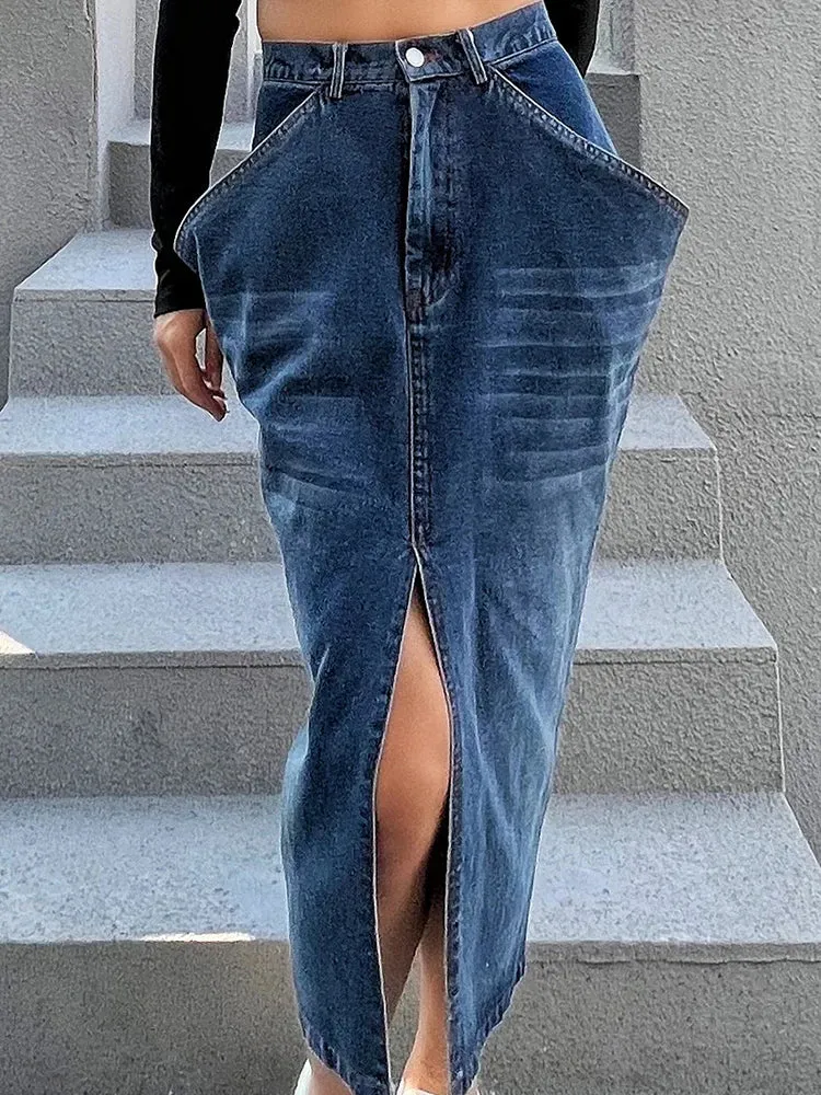 Streetwear Denim Skirt For Women High Waist Slim Patchwork Pockets Split Thigh Midi Skirts Female Spring Fashion Style