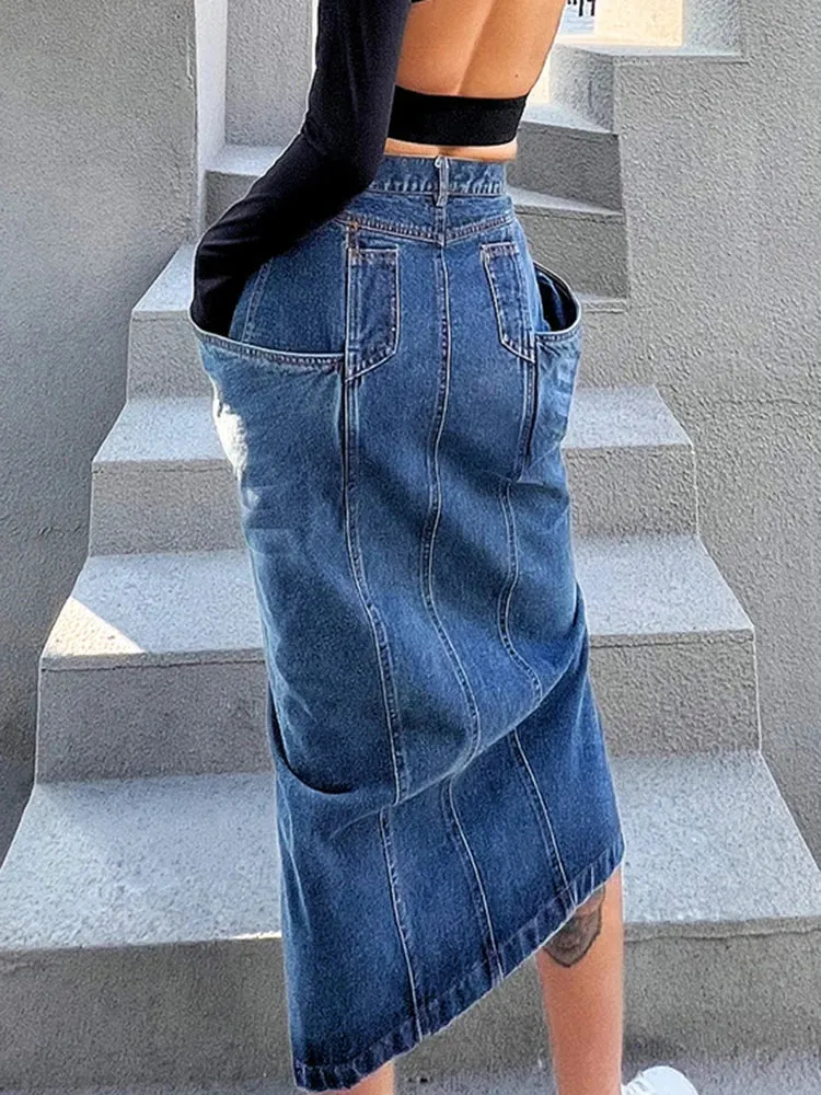 Streetwear Denim Skirt For Women High Waist Slim Patchwork Pockets Split Thigh Midi Skirts Female Spring Fashion Style