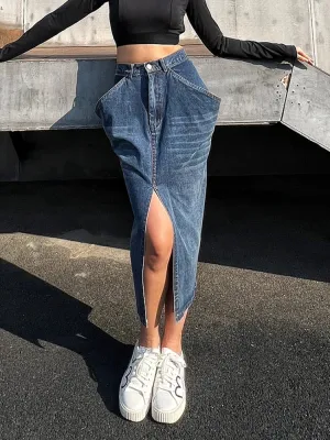 Streetwear Denim Skirt For Women High Waist Slim Patchwork Pockets Split Thigh Midi Skirts Female Spring Fashion Style