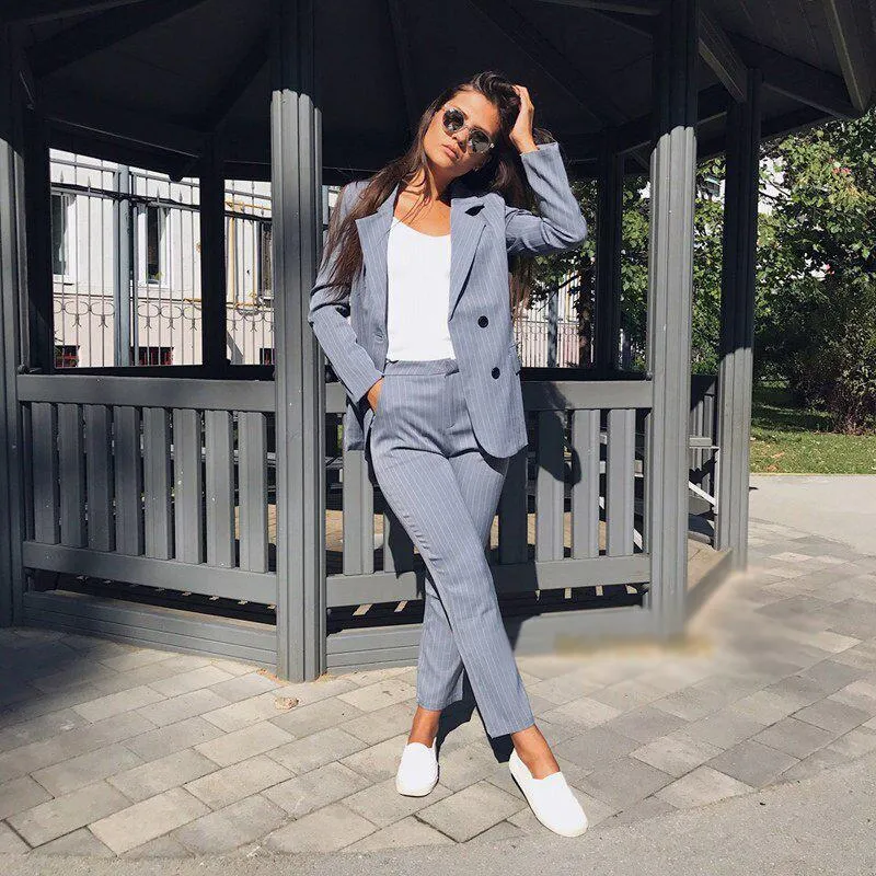 Striped Blazer Jacket & Zipper Trousers Suit Set