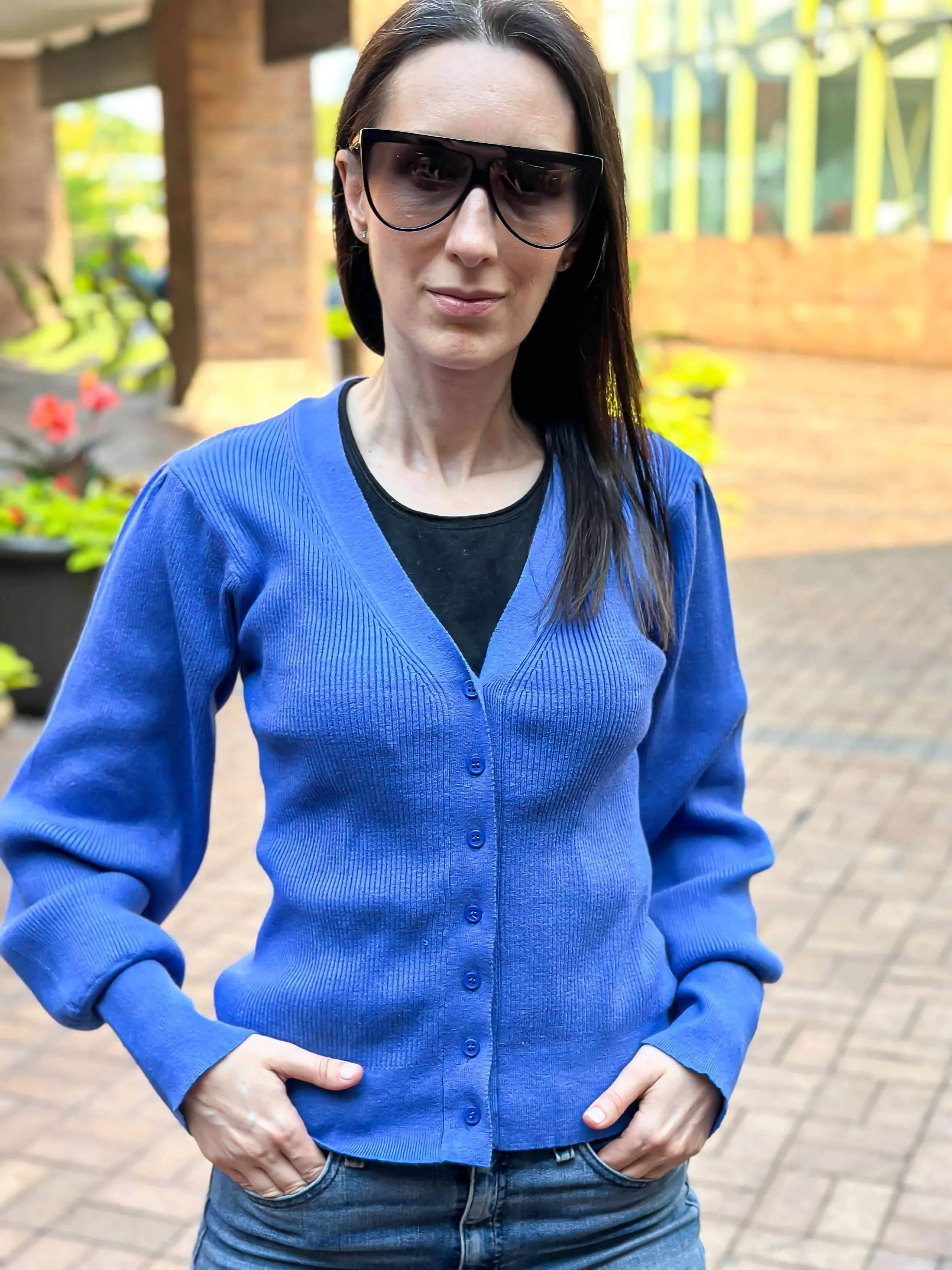 Sweater, Cardigan Puff Blue, Sequin Pink/Blue Heart Eye