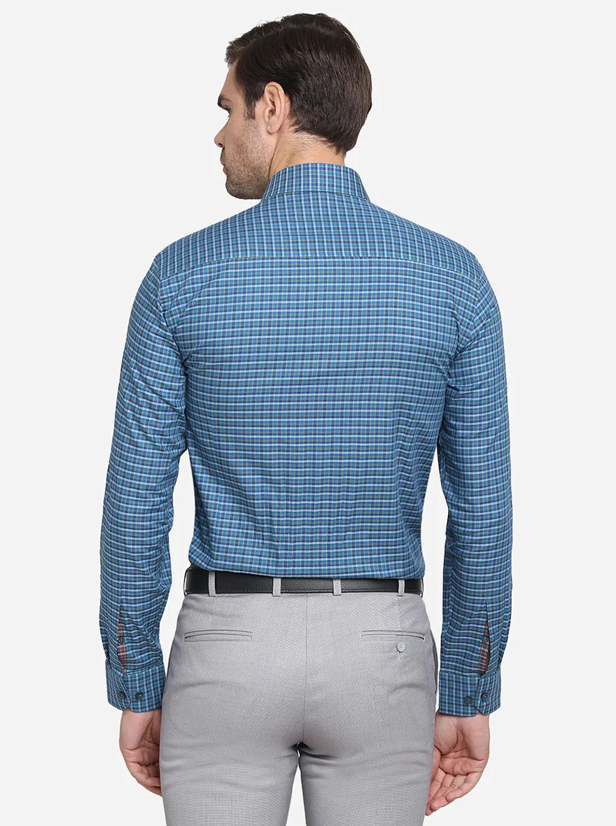 Teal Blue & Grey Checked Slim Fit Formal Shirt | JadeBlue