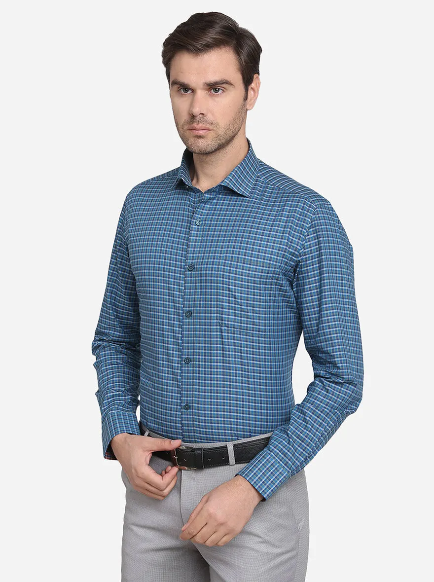 Teal Blue & Grey Checked Slim Fit Formal Shirt | JadeBlue