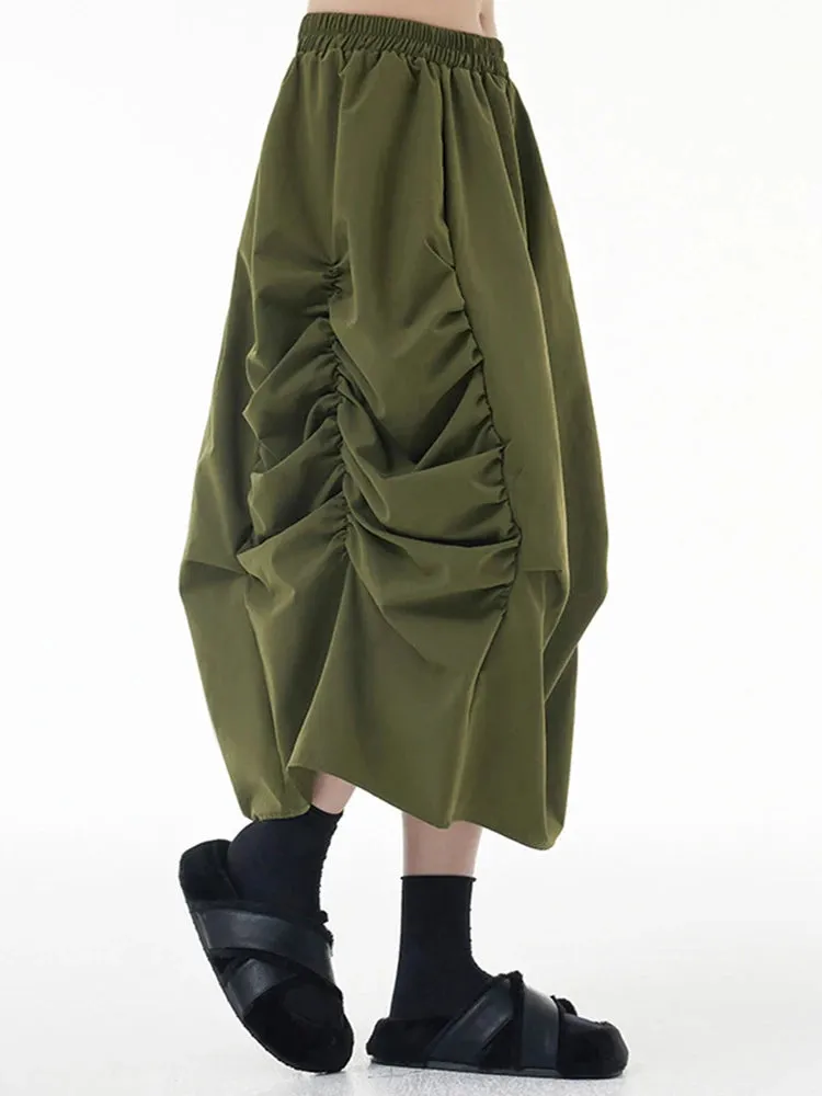 TEEK - Elastic Waist Army Green Pleated Bud Skirt