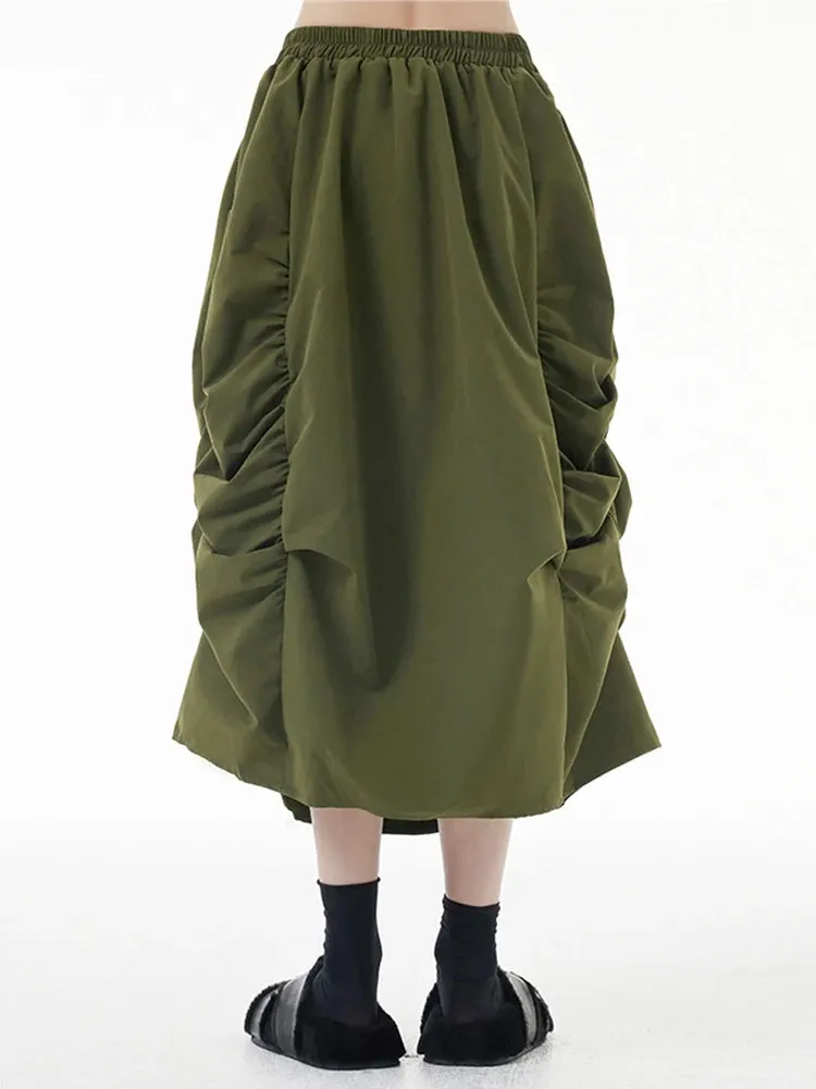 TEEK - Elastic Waist Army Green Pleated Bud Skirt