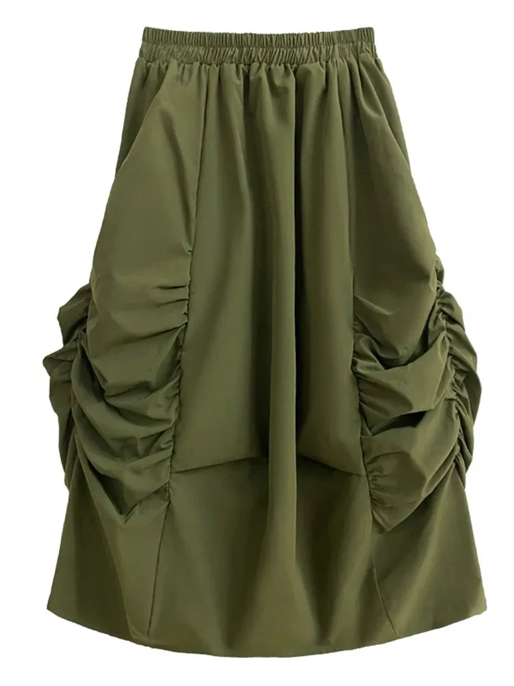 TEEK - Elastic Waist Army Green Pleated Bud Skirt