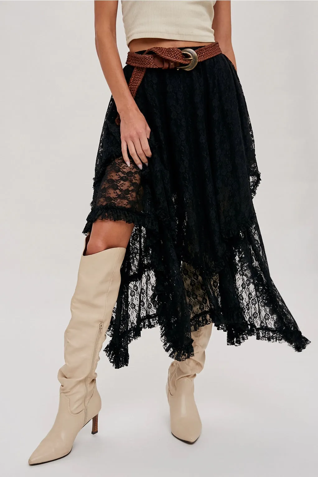 The Nova Lace Tiered Midi Skirt - Black