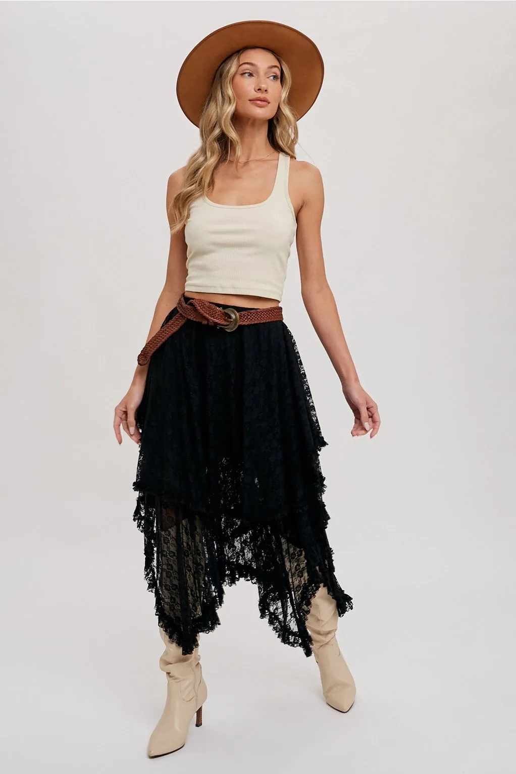 The Nova Lace Tiered Midi Skirt - Black