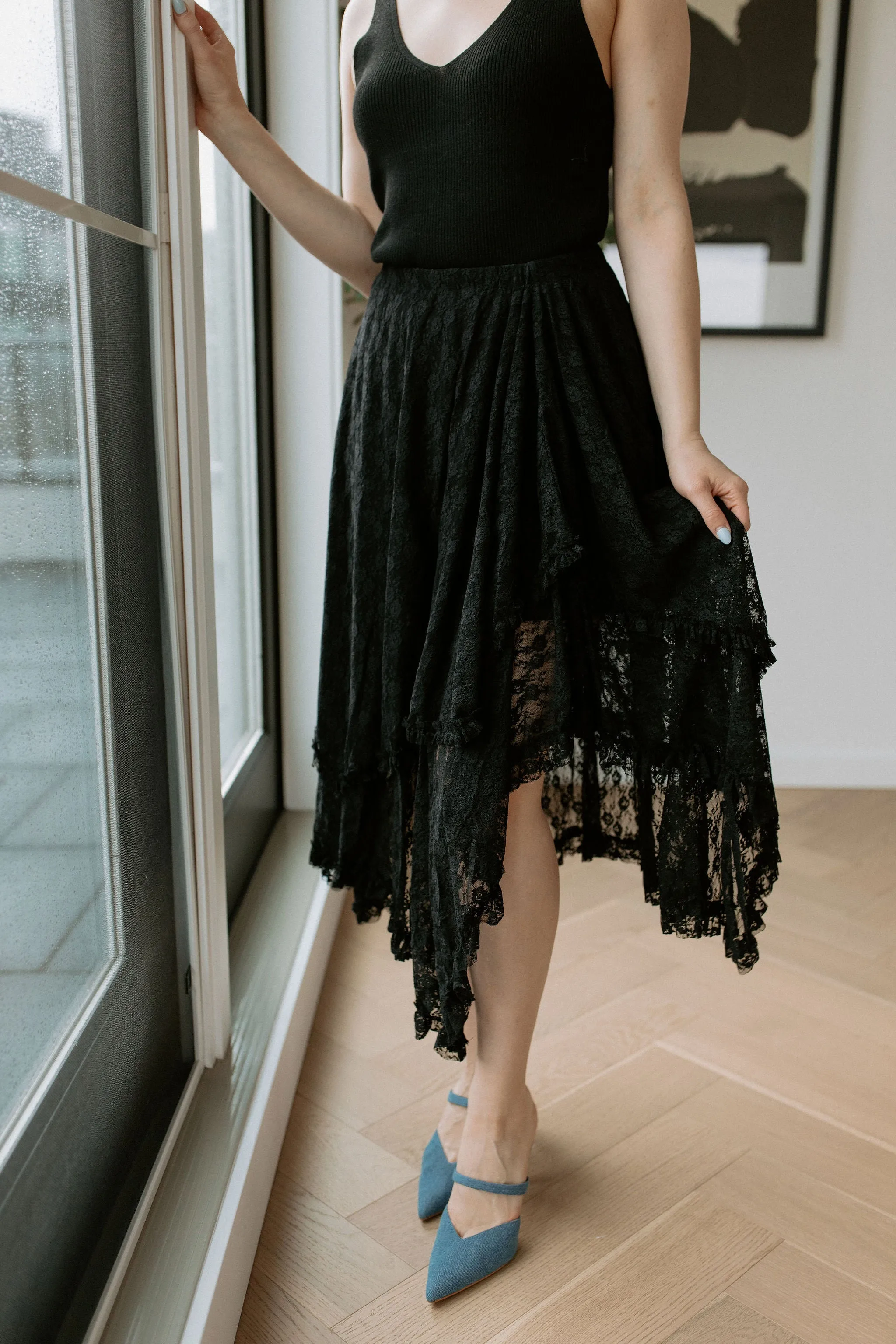 The Nova Lace Tiered Midi Skirt - Black