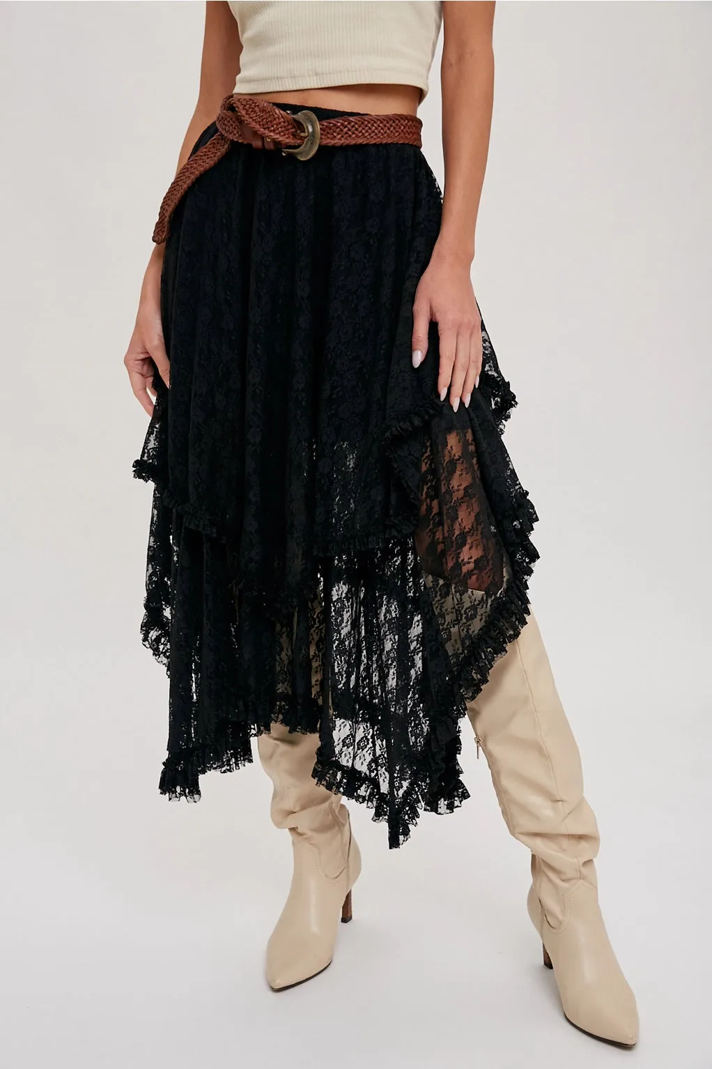 The Nova Lace Tiered Midi Skirt - Black