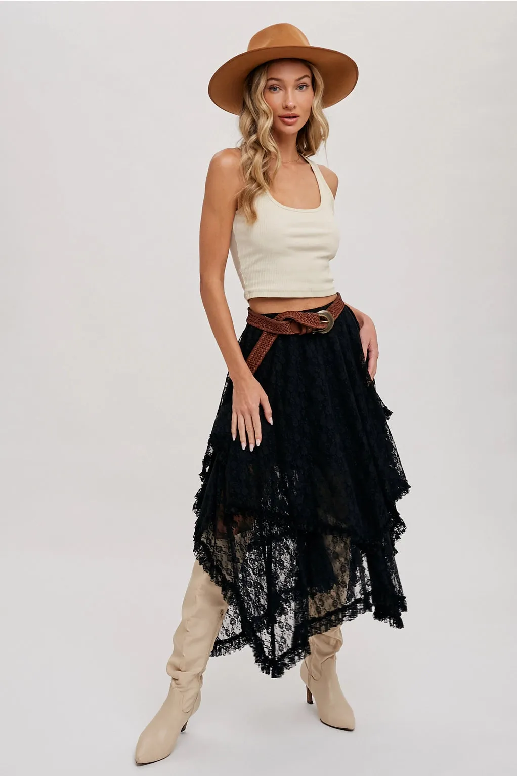 The Nova Lace Tiered Midi Skirt - Black