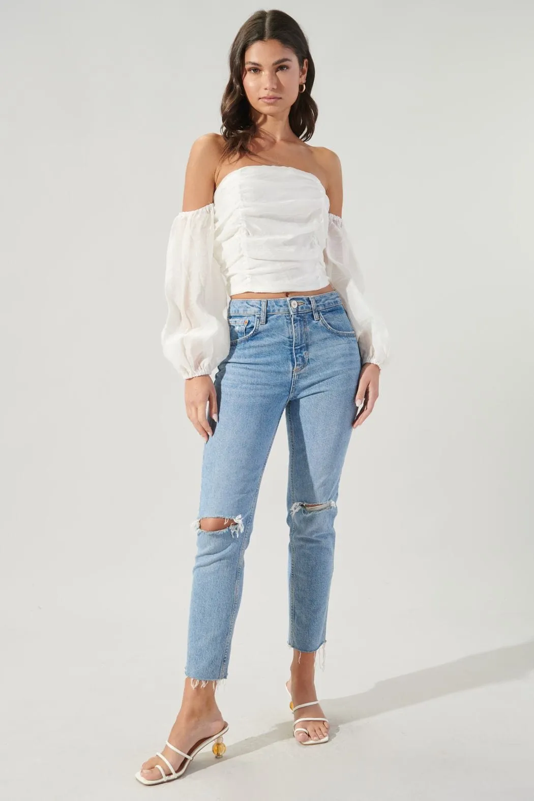 The Proposal Ruched Off the Shoulder Balloon Sleeve Top