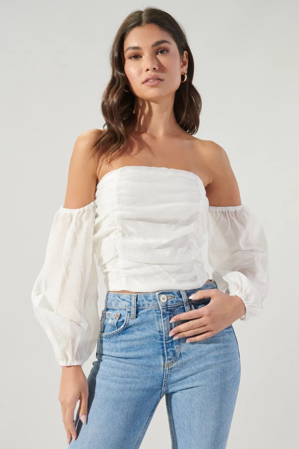 The Proposal Ruched Off the Shoulder Balloon Sleeve Top