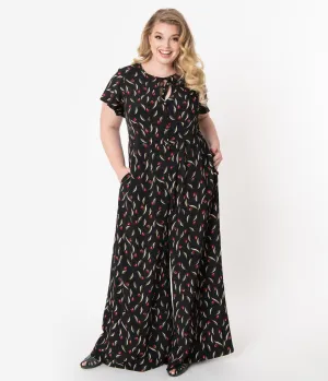 Unique Vintage Plus Size 1960s Black & Red Floral Orleans Jumpsuit