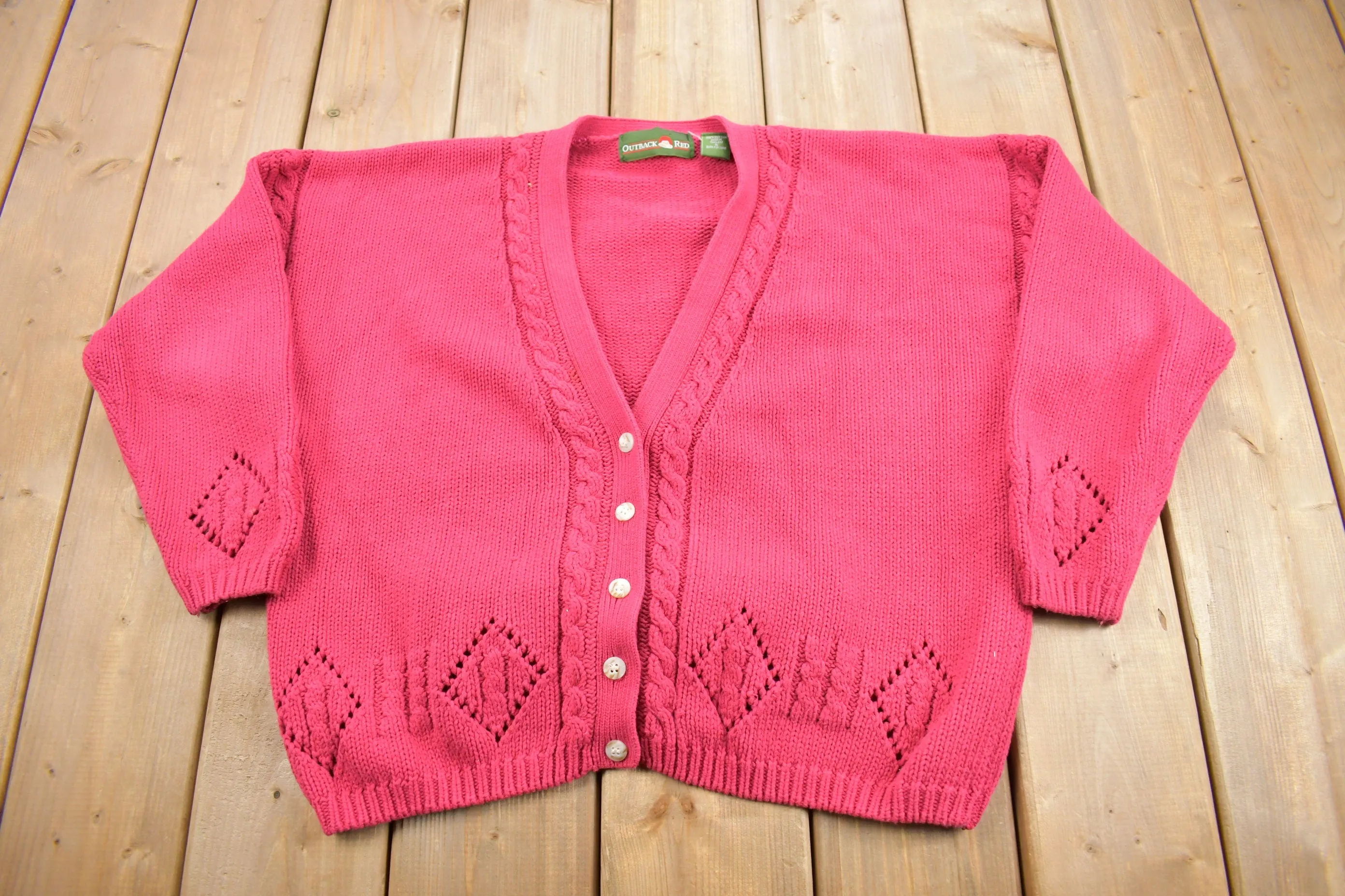 Vintage 1990s Outback Red Women's Pink Cable Knit Cardigan Sweater