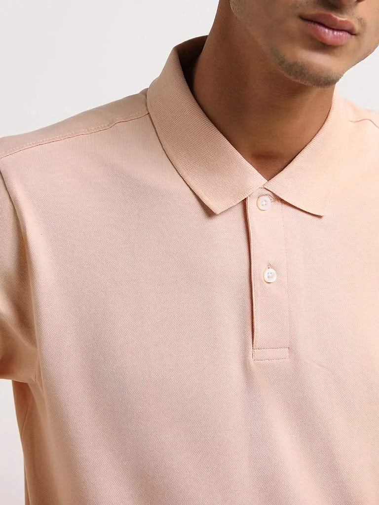 WES Casuals Peach Cotton Blend Slim Fit Polo T-Shirt