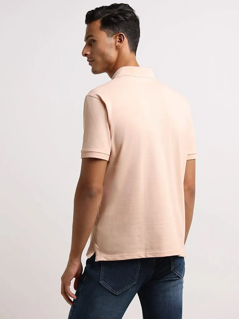 WES Casuals Peach Cotton Blend Slim Fit Polo T-Shirt