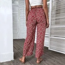 Wine Floral Wide Leg Pants w/Side Slits - #4197-4201