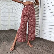 Wine Floral Wide Leg Pants w/Side Slits - #4197-4201