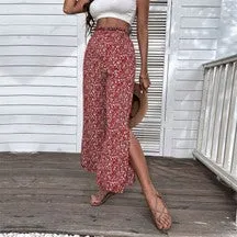 Wine Floral Wide Leg Pants w/Side Slits - #4197-4201